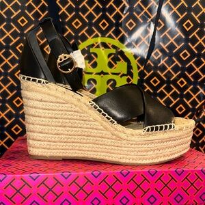 Tory Burch Black Leather Wedge Espadrilles